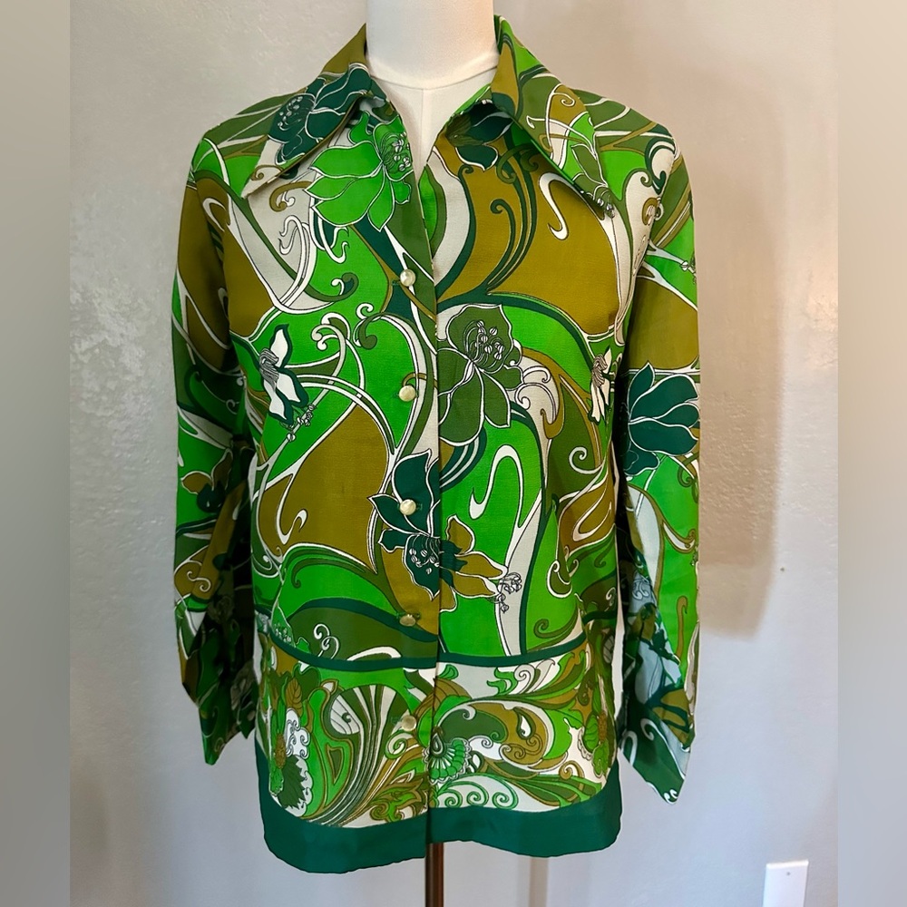 Vintage Psychedelic Mod Ellaree Green Swirl Button-Up Shirt Blouse  S